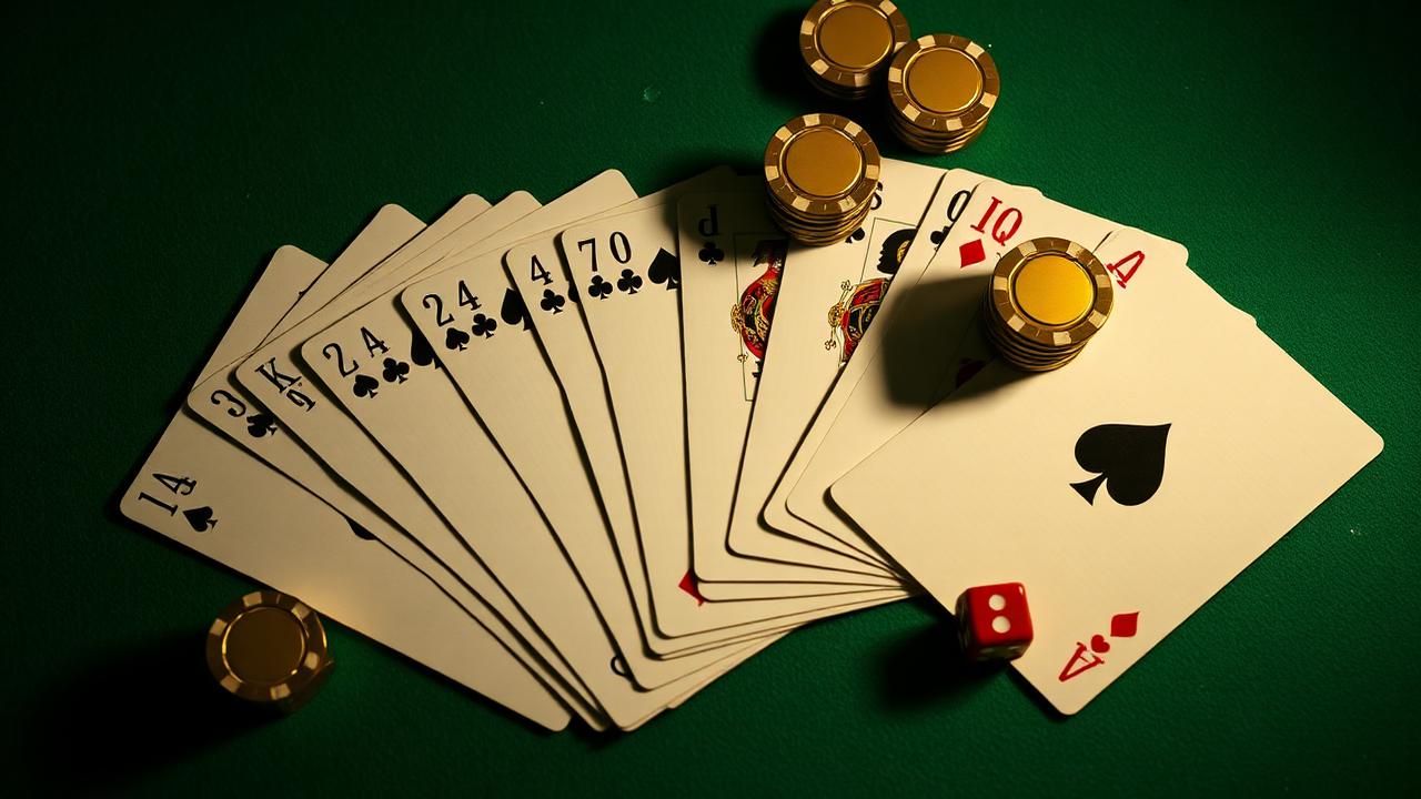 Cards and chips on a casino table representing the wide range of game studios at Splash Coins Canada